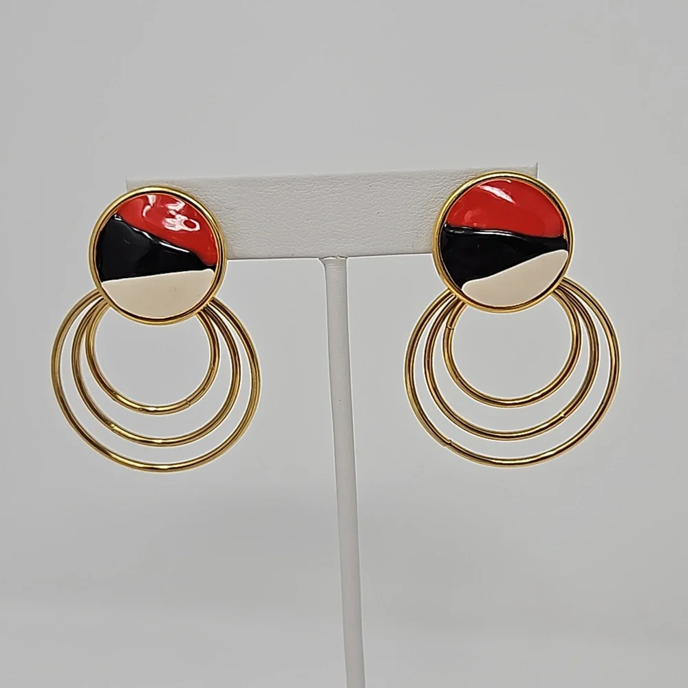 Vintage Enamel Circular Dangle Earrings Gold Tone Red Black Cream
